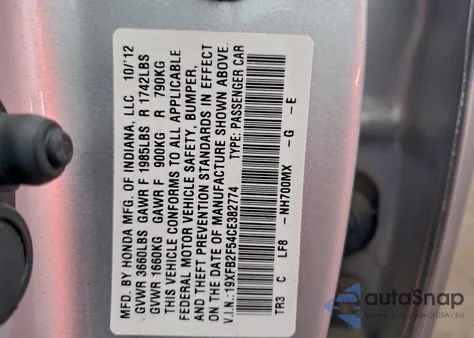 2012 Honda Civic Lx из США, поврежденный, VIN 19XFB2F54CE382774